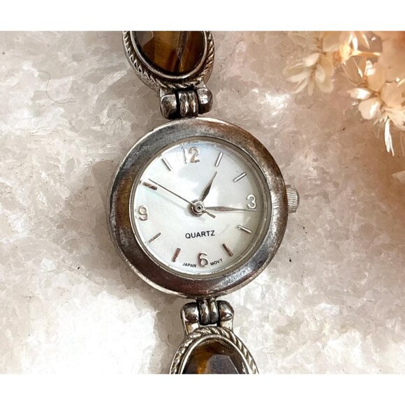 Faux Tiger's Eye Scarab Silver T 90's Vintage Wristwatch - 22mm - WORKS! - Picture 1 of 12